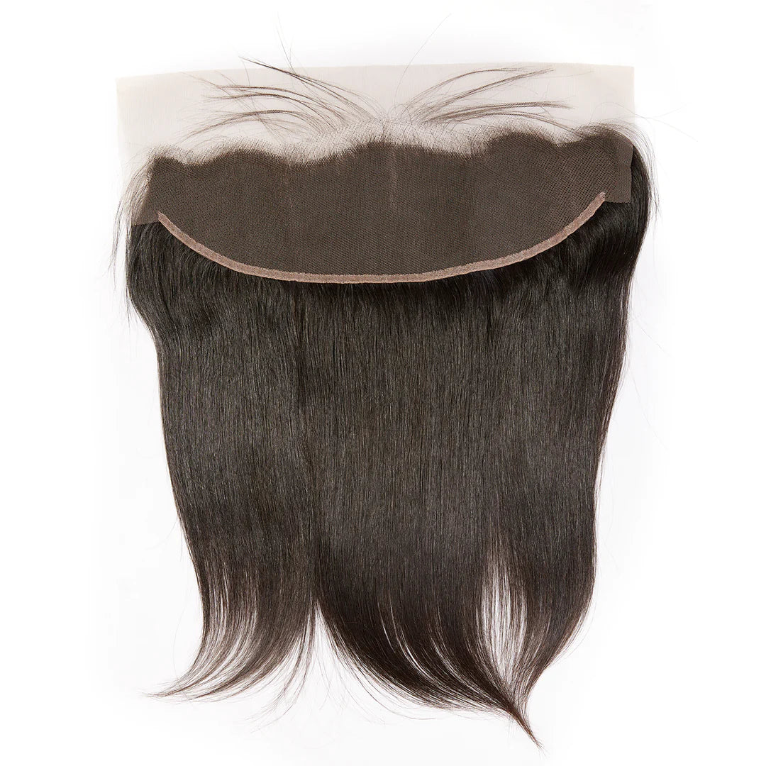 Black hair extension with a lace front on a white background