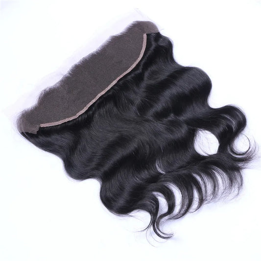 Black hair extensions with a lace front closure on a white background