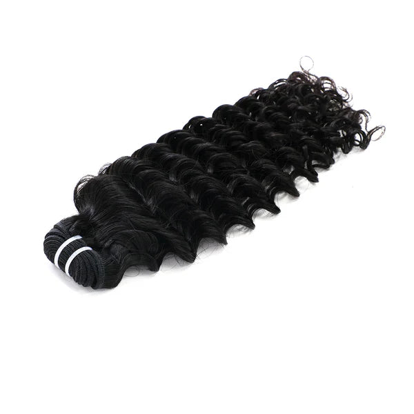 Black deep curly (Burmese curly) hair extensions on a white background